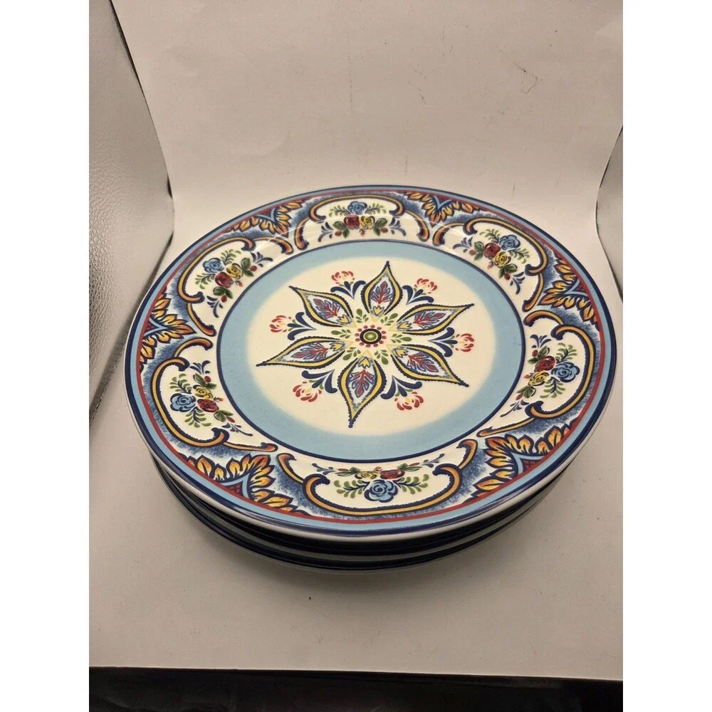 Set of 4 Euro Ceramica Zanzibar 11” Round Dinner Plates Floral Roses Ceramic